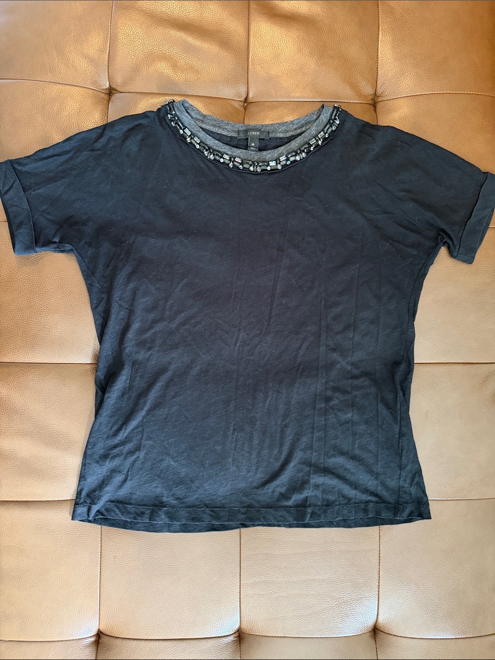 J. Crew Black Short Sleeve Tee with Beaded Neckline